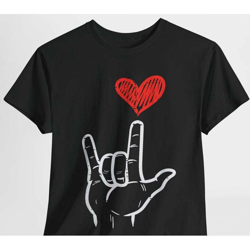

Black T Shirt with Love Hand Sign and Heart Design Unisex Casual Tee 5XL різнокольоровий