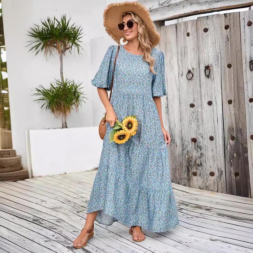 Retro Floral Short Sleeve Plus Size Round Neck Dress for Women