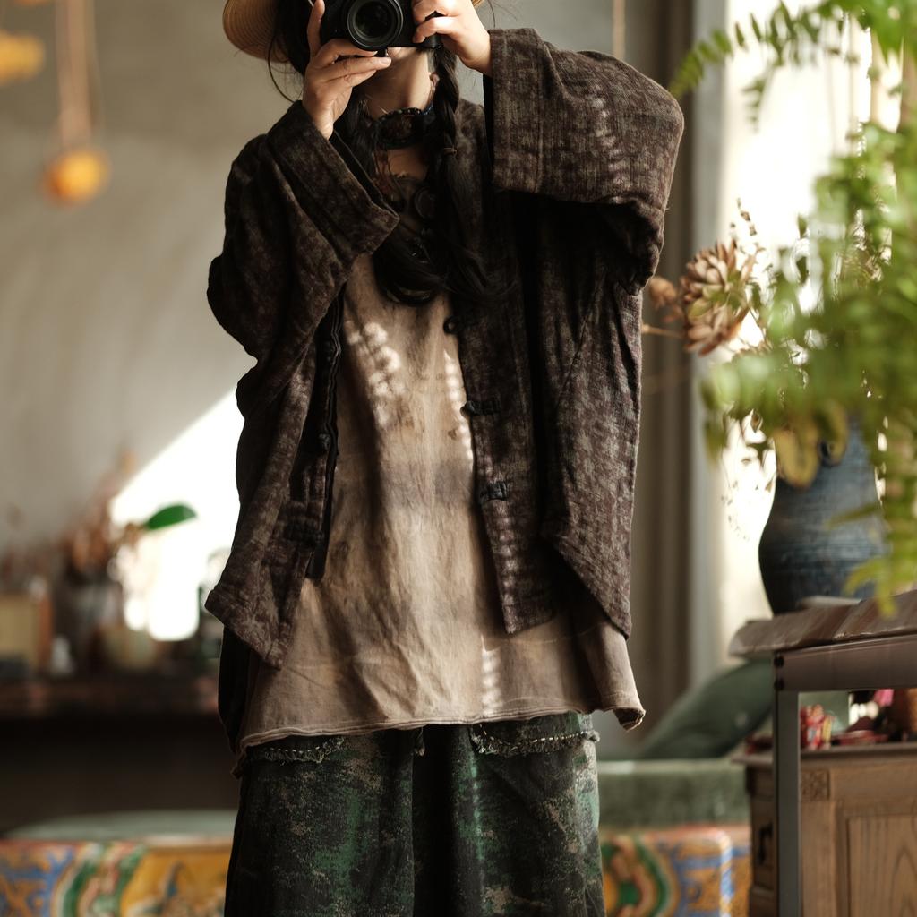 Johnature Women Vintage Winter Shirts Tops Thick O-Neck Long Sleeve Button Chinese Style Female Blouses