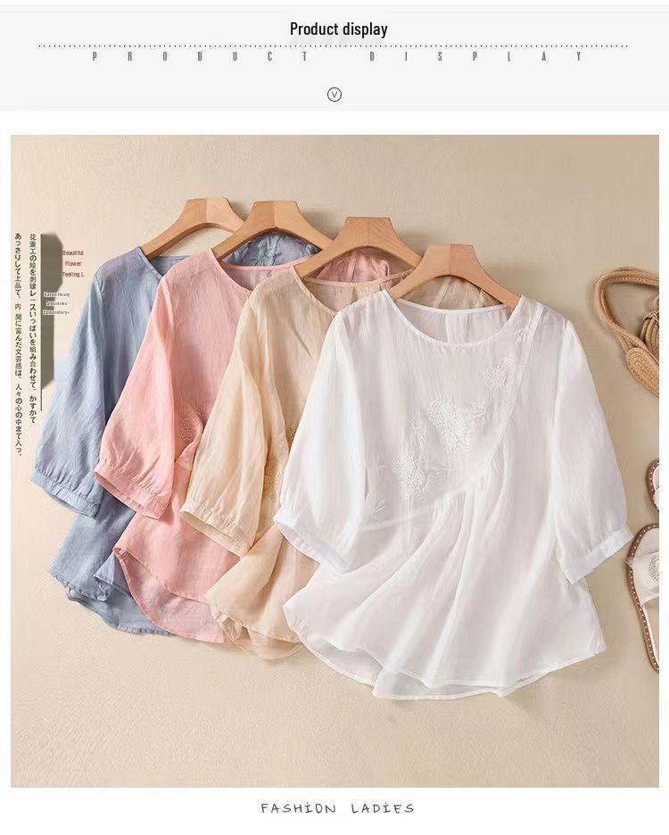 Women's 2023 Literary Embroidered Cotton Linen Blouse - Summer Loose Round Neck Pleated Pullover Top