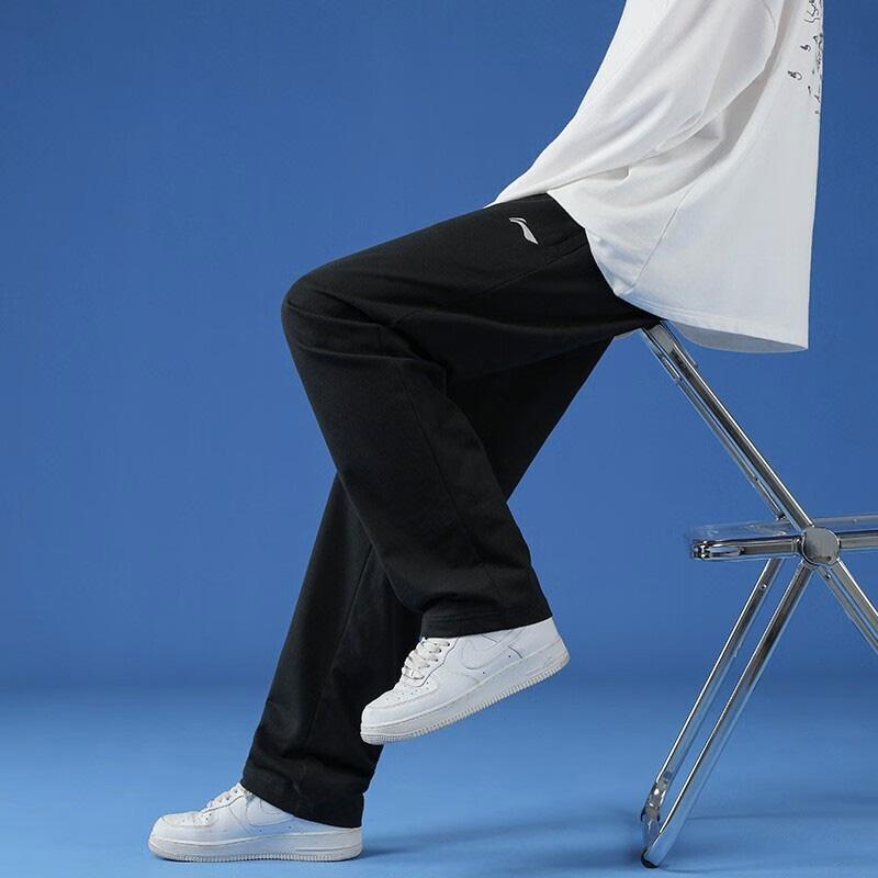 Li Ning Logo Print Solid Color Fleece Straight Leg Knitted Sports Pants Men bottoms Black YKLT415-1