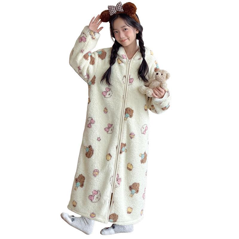 Mädchen Winter Kapuzen Fleece Nachthemd Dickes Beidseitiges Plüsch Tragbare Decke Koreanischer Stil Warmes Kinder Schlafkleid Hauskleidung Bademantel