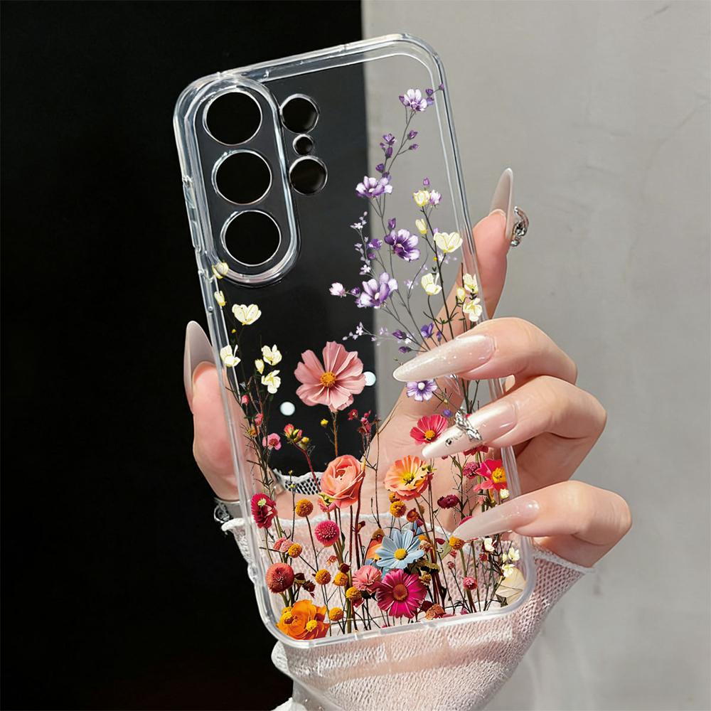 Cute Daisy Floral Transparent Phone Case For Samsung Galaxy S26 S25 S23 S22 Ultra Plus Clear Soft TPU Shockproof Flower Cover