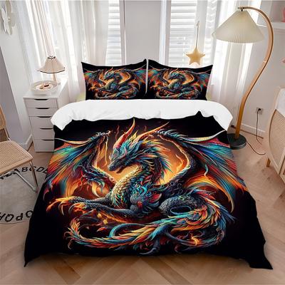 3pcs Colorful Dragon Battle Quilt Set Soft and Comfortable Bedroom, and Dorm Decor Bedding Set 1 Quilt Cover + 2 Pillowcases.J012