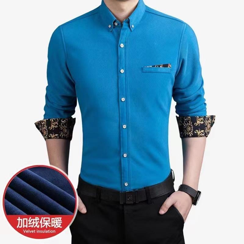 

Мужская теплая рубашка на флисовой подкладке, с длинным рукавом, на пуговицах, повседневная, с цветочной отделкой на манжетах M синий