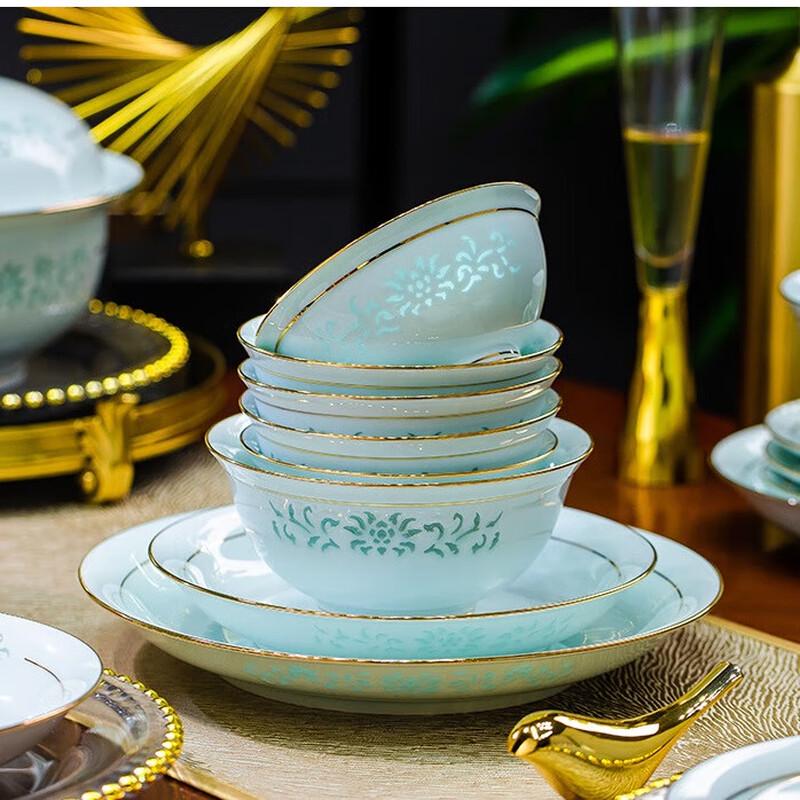 Jingdezhen Celadon Gold Trim Dinnerware Set