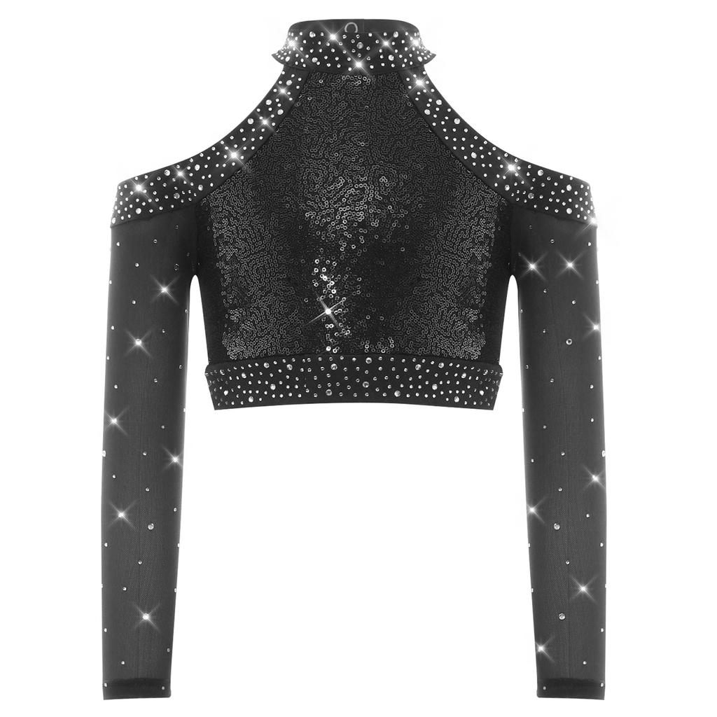 Girls Shiny Sequins Crop Top Long Sleeve Back Neck Press Buttons Closure Dance Shirt