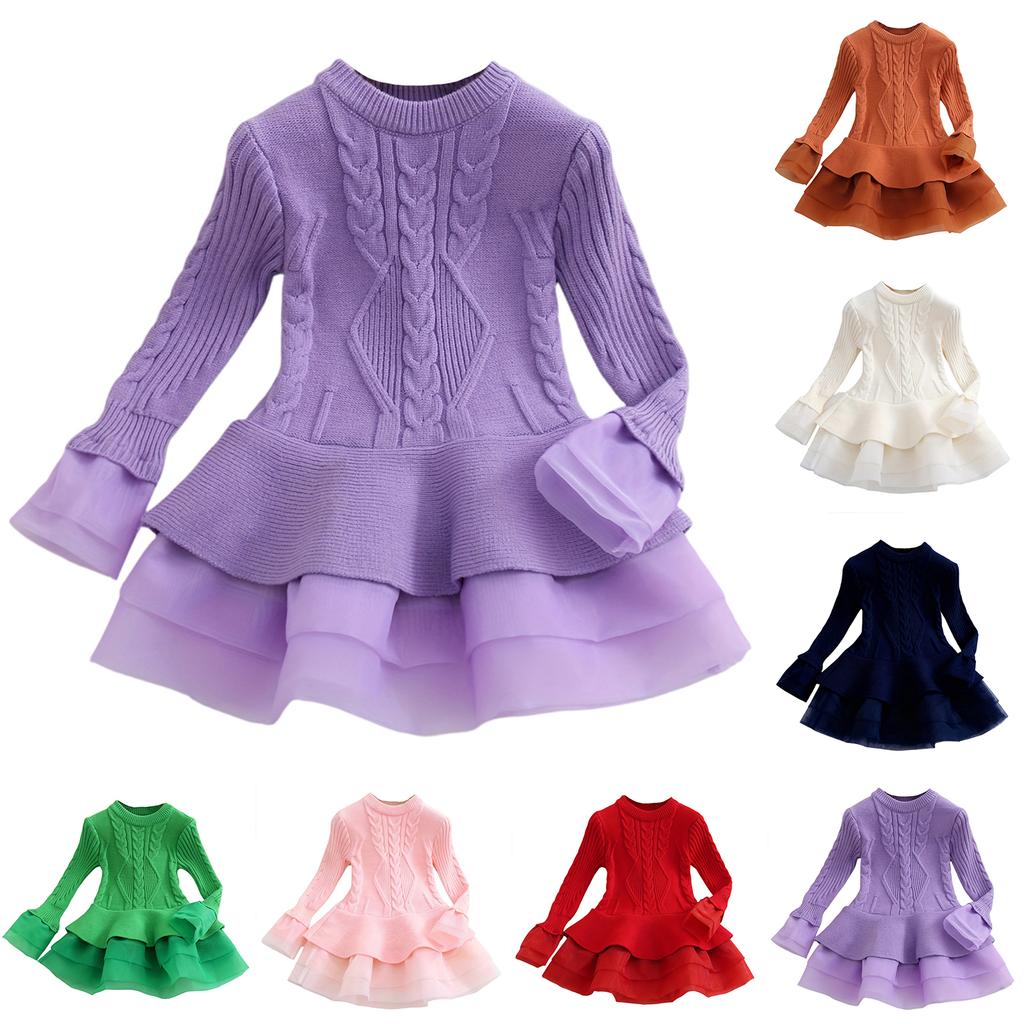 Girls' Fashion Long-Sleeved Shirt Collar Patchwork Tiered Skirt Colour Dress