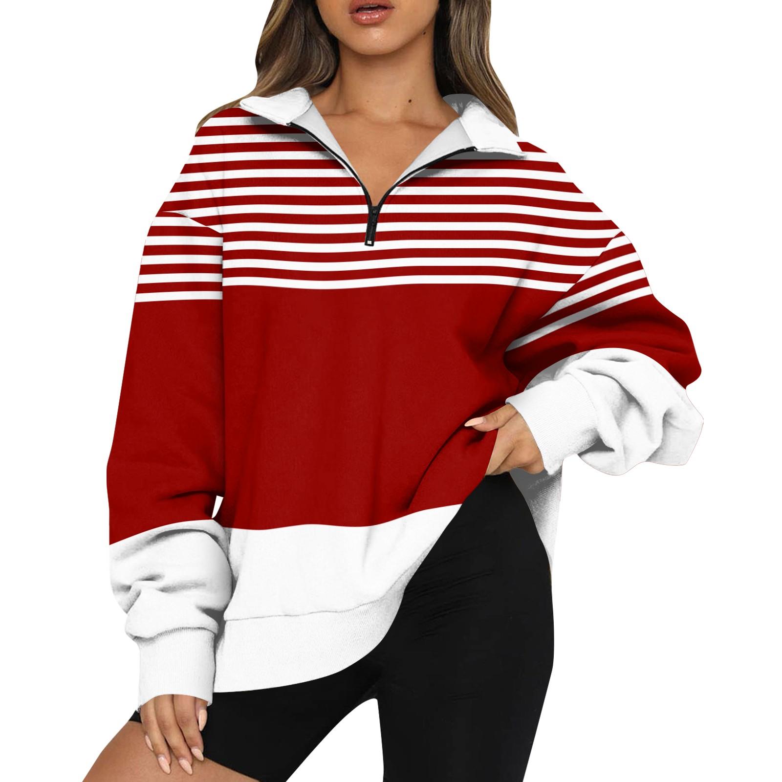 

Жіночий світшот Модний світшот з довгими рукавами в смужку та напівзастібкою з принтом L червоний