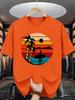 Beach Surf Unisex Short Sleeve Tshirt Retro Striped Sunset Palm Tree Surfer Silhouette O Neck Tee Holiday Male Casual Fashion Tops