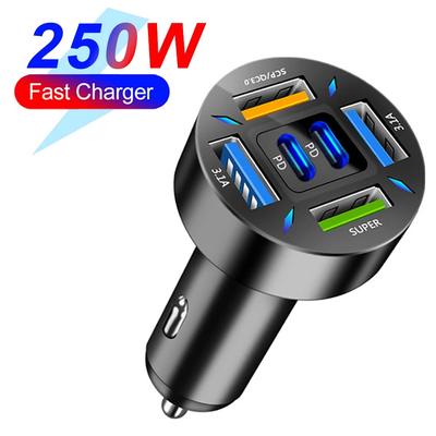 Caricabatterie per auto a 6 porte da 250 W (4 USB + 2 di tipo C) con display LED - Ricarica rapida definitiva per telefoni e laptop