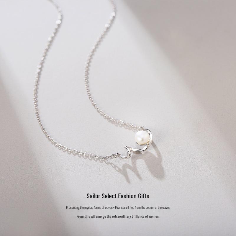 Sterling Silver Freshwater Pearl Wave Necklace - Chic Design Clavicle Chain