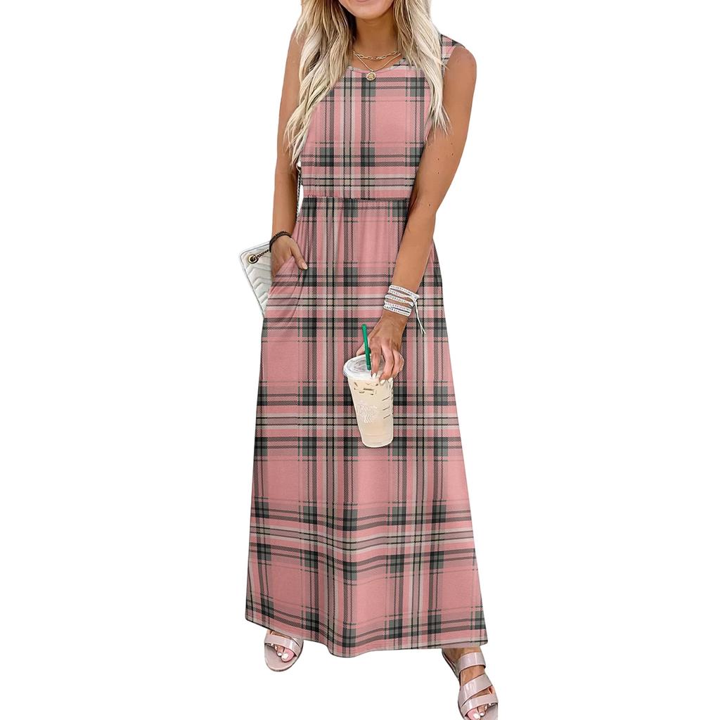 Ladies' Plaid Printed Casual and Fashionable Waist Cinched Sleeveless Dress