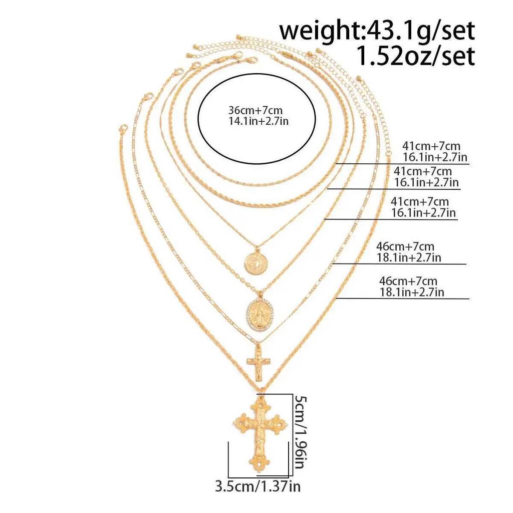 IngeSight.Z 6Pcs/Set HipHop Punk Jesus Cross Pendant Necklace Women Vintage Adjustable Gold Color Necklace Statement Y2K Jewelry