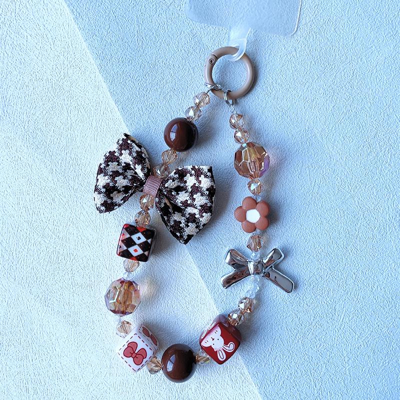 1Pcs Cute Phone Lanyard,Vintage Plaid Bow Beaded Chain for Phone Decor, Keychain for Purse Car Keys, Winter Autumn Charm Gift