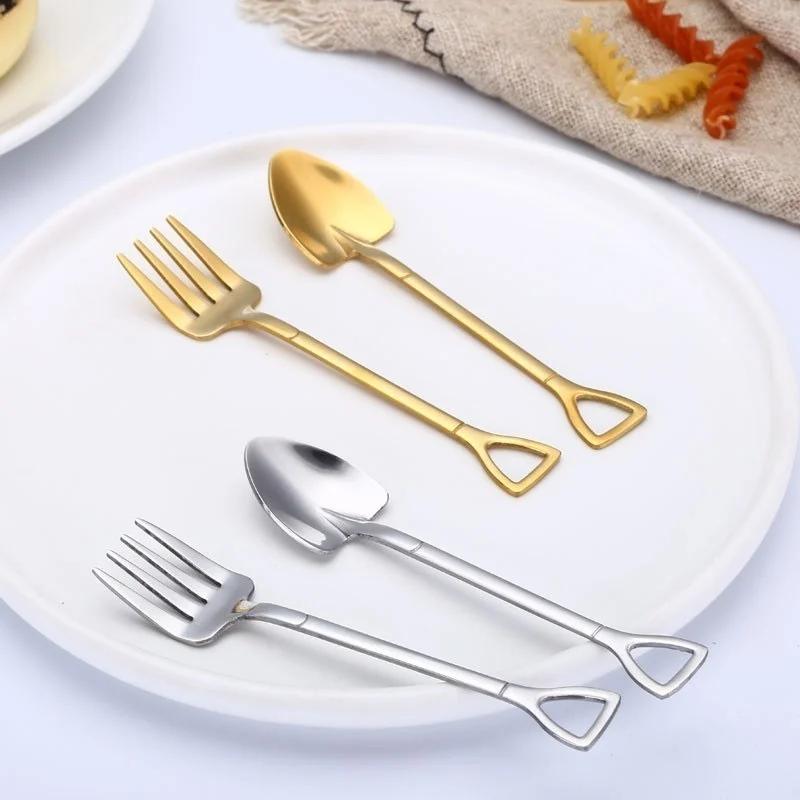 1PCS Creative Shovel Shape Dessert Spoon Stainless Steel Coffee Stirring Spoon Shovel Fork Fruit Fork