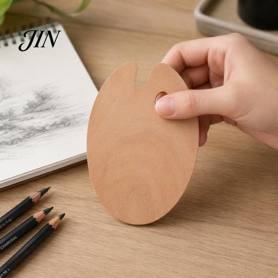 Artist Painting Tray Wooden Paint Palette with Thumb Hole for Oil, Acrylic, Ergonomic Watercolor Painting, Oval-Shaped Wood Art Artists