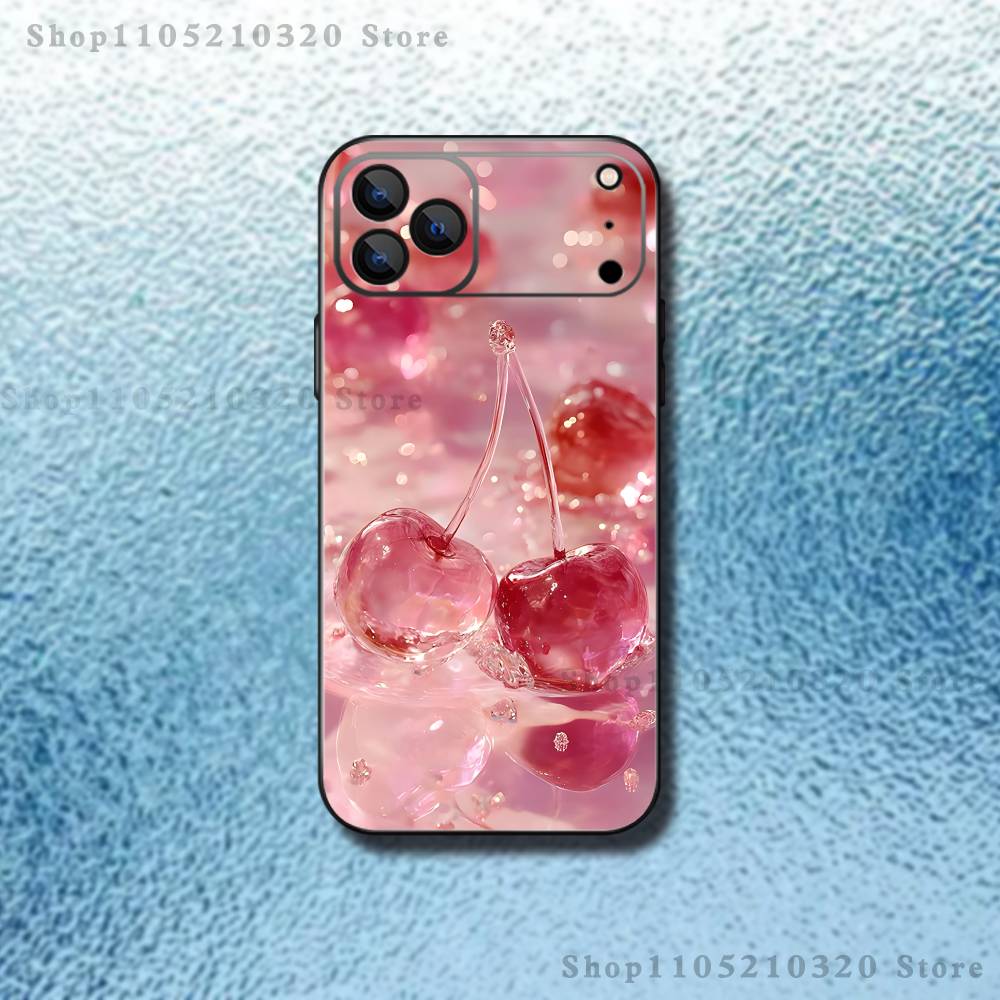 

Crystal Cherry Phone Case For iPhone 17,16,15,14,13,12,11,Pro Max,XSX,,XR,SE,Mini,8,7,Soft Silicone Black Cover iPhone12PROMAX