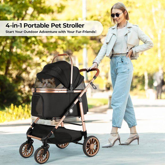Poussette chien chat 4-en-1 pliable jusqu’à 25 kg, roues 360° amorties, transport animal, poussette tout-terrain confortable