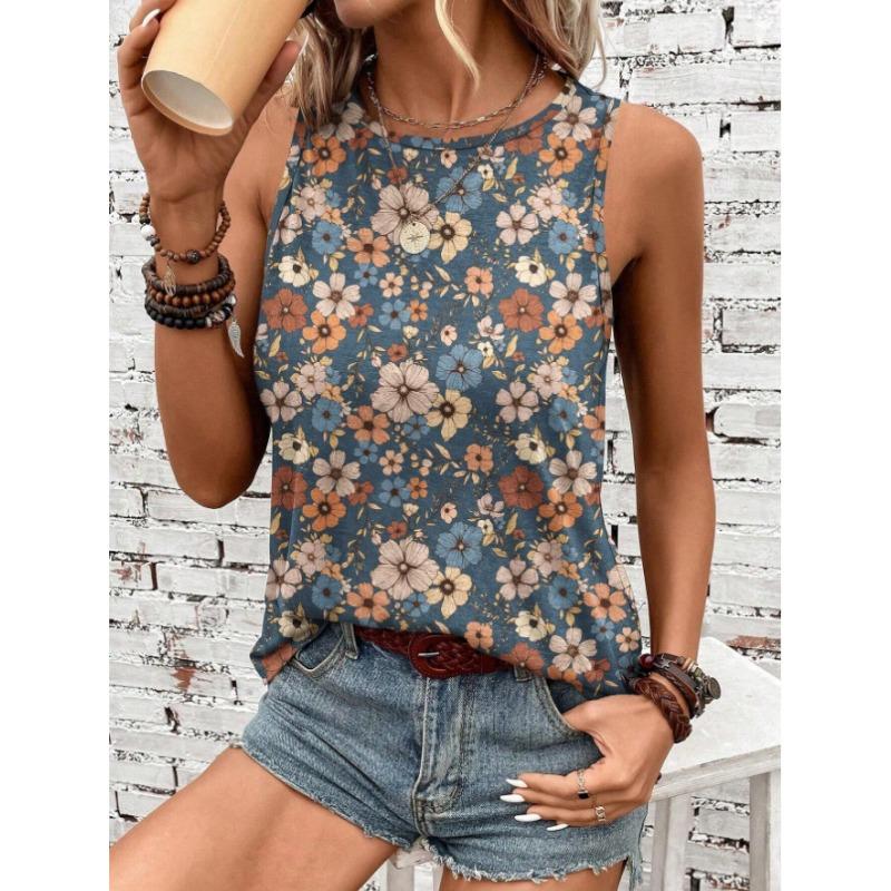 

Женская майка-топ свободного покроя с принтом, летний топ с круглым вырезом и футболкой без рукавов M морской синий