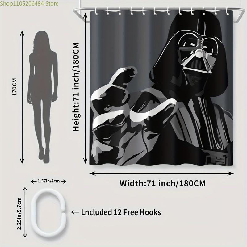 1pc Superhero Shower Curtain with Hooks - Black and White Cartoon Design, Polyester, Machine Washable, Ideal for Bathroom Deco