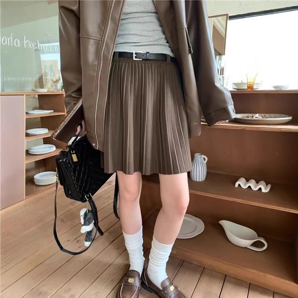 Highly Recommended: High-Waisted Soft Knit A-Line Pleated Skirt for Women - Autumn/Winter Korean Style, Solid Color, Five-Point Length