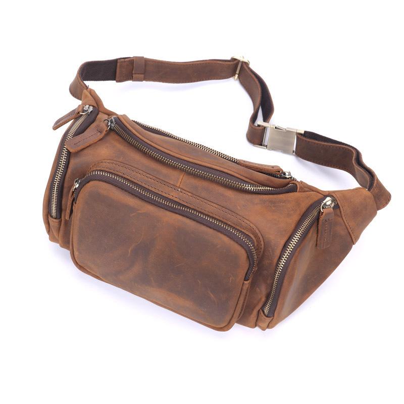 Neue große Bauchtasche aus echtem Leder, lässig und modisch für Herren, mit geschichtetem Rindsleder und Retro-trendiger Einzel-Schulter-Crossbody-Tasche