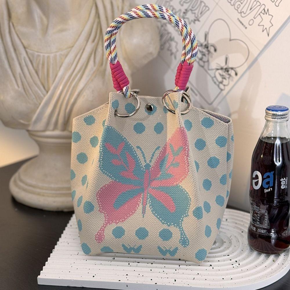 Cute Cartoon Knitted Bucket Bag Handmade Large Capacity Wrist Bag Woven Ring Buckle Shoulder Bag for Women Girls