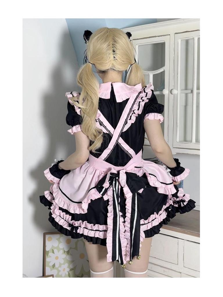New Japanese Lolita Black Pink Maid Costume with Cute Cat Bow