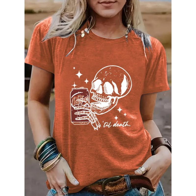 Dámská bavlněná trička s krátkým rukávem a kulatým výstřihem s ležérním módním potiskem lebky a Coly pro Halloween