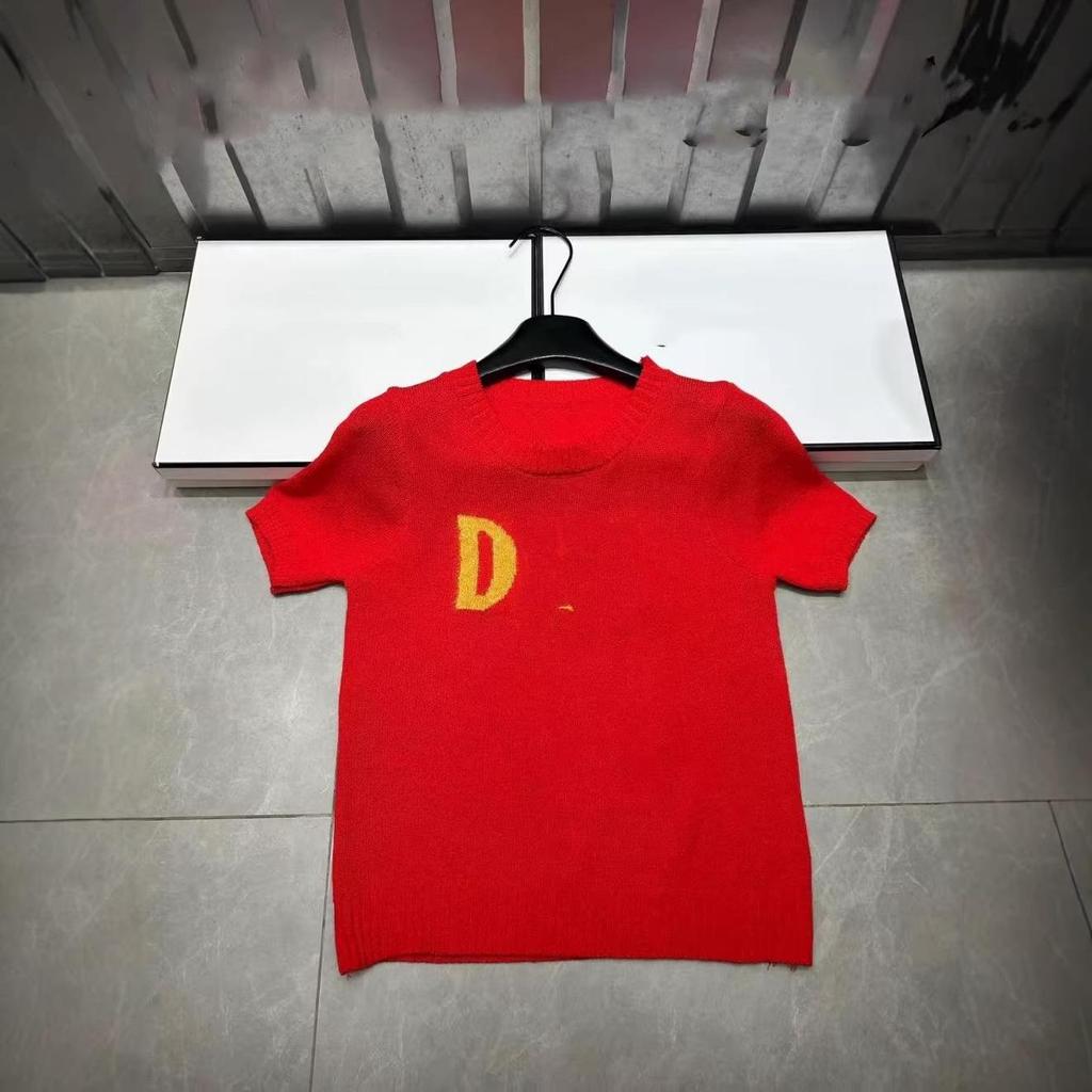 D Brand European Style Early Spring Red Letter Jacquard Knit Top - Loose, Versatile, Age-Reducing, Short Sleeve