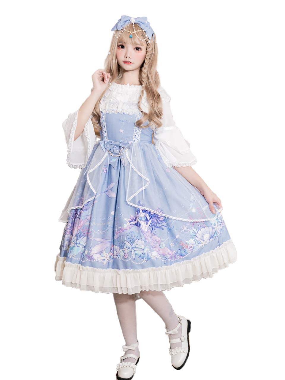 

[Milky Time] Gothic Lolita Jumper Skirt with Blouse and Head Dress, Mermaid Style, Light Blue