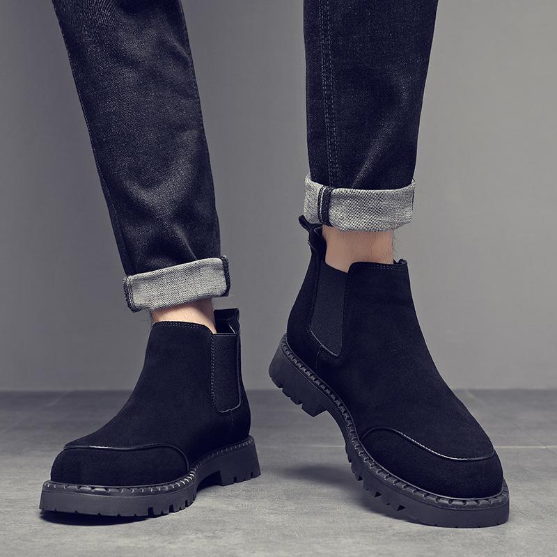 Men's British Velvet Chelsea Boots Autumn and Winter Warm Medium Help Round Head Leather Boots Casual Handmade Vintage Martin Boots