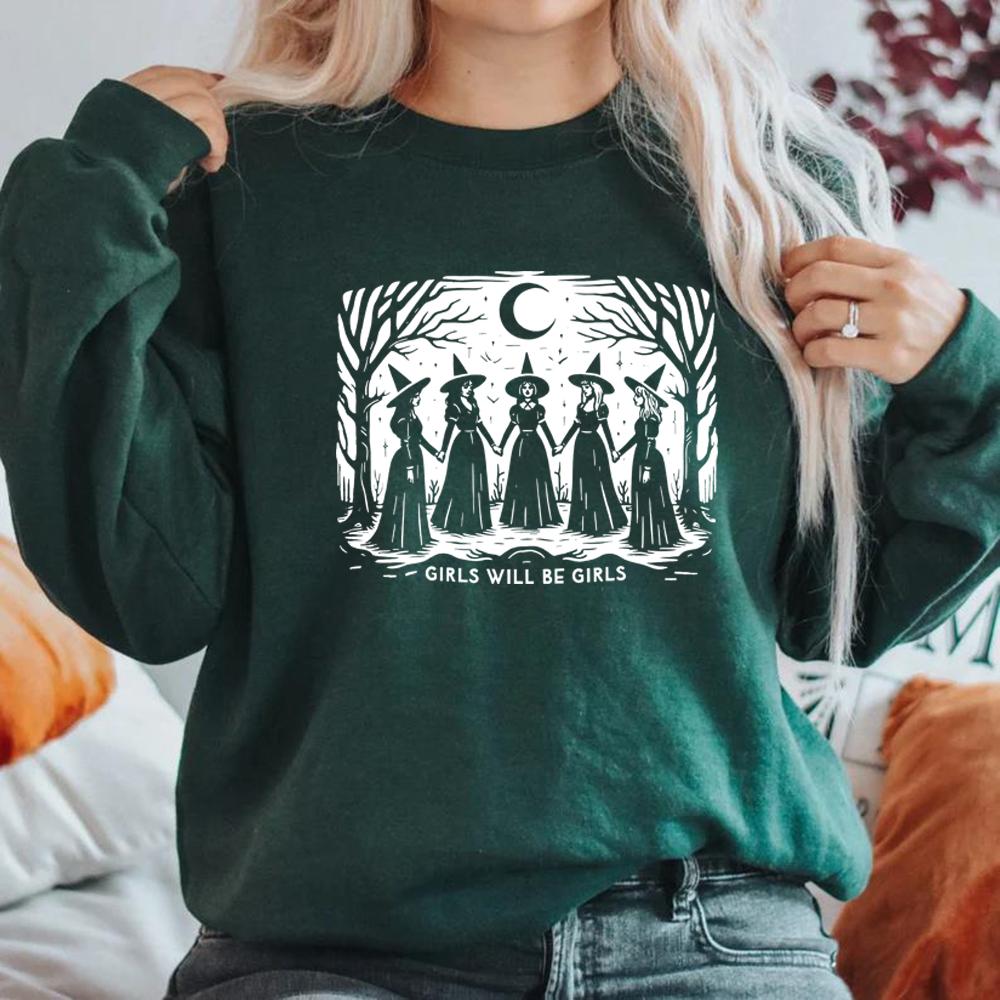 

Girls Will Be Girls Witch Sweatshirt Funny Witch Shirts Vintage Halloween Women s Sweatshirt Long Sleeve Witchy Vibes Hoodies XXXL темно-зелений колір
