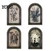 Desktop Halloween Ornament Arched Wooden Wall Decor, Ghost Cat Double-Layer Hanging Ornament, Distressed Gothic Dark Floral Art Tabletop Decor Plaque,