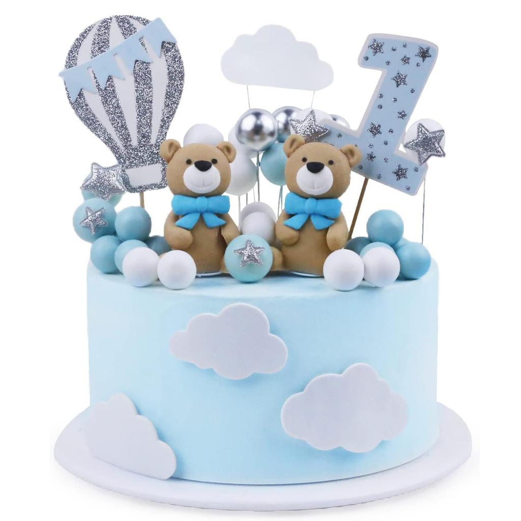 49Pcs 3D Twin Blue Bears Balls Clouds Glitter Stars Cake Decoration for Boy Birthday Baby Shower Teddy Bear Theme Party Supplies
