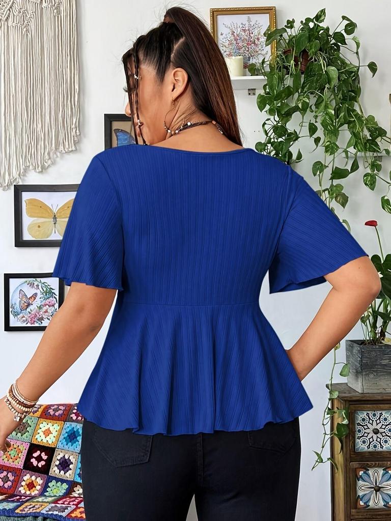 Top Casual Estivo da Donna Taglie Forti con Scollo a V e Maniche Corte