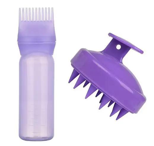 BEPAN 2pcs Hair Oil Dispenser Bottle Root Comb Applicator Hair Dye Refillable Dispenser with Massager Brush Hairdressing Coloring Tool