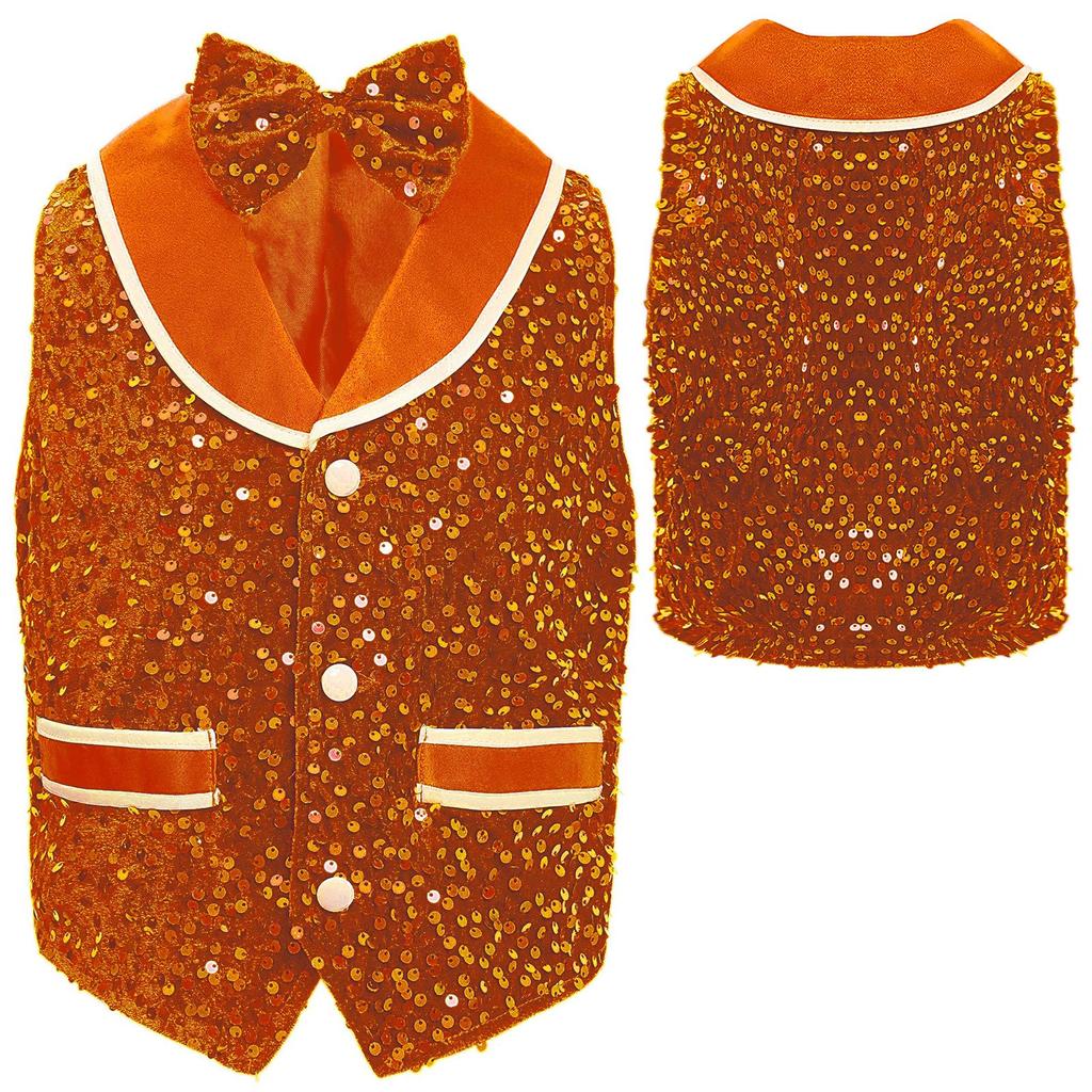 Kids Performance Vest Sparkling Sequins Velvet Buttons Irregular Hem with Bowtie Costume
