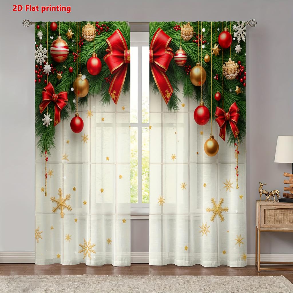 Christmas Pine Bow Curtains 2pcs   Golden Ornament Snowflake 2D Flat Print Rod Pocket for Living Room Bedroom Kitchen Privacy