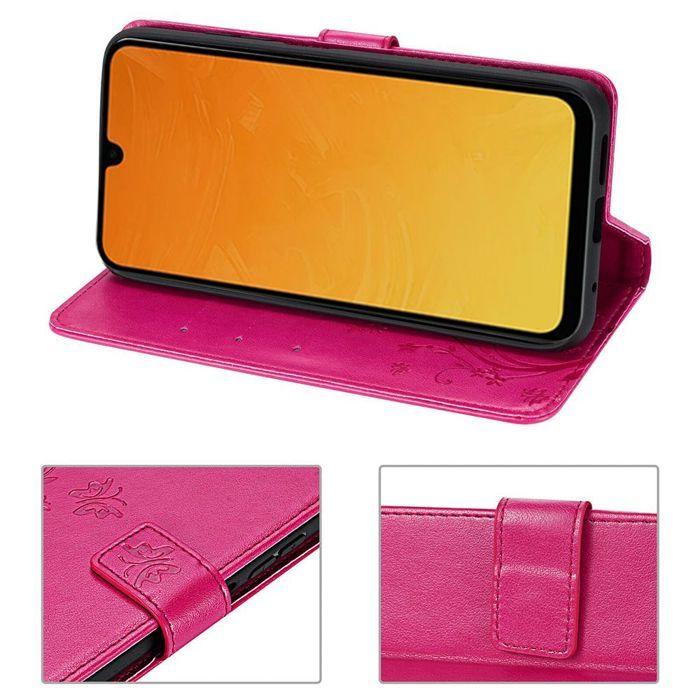 Coque pour Samsung Galaxy A26 5G - BOOLING - Cuir Synthétique Motif Papillon Plante Fuchsia - 2 Verres Trempés