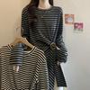 Women's Plus Size Striped Slim Fit Long Sleeve T-shirt: Waist-Cinching, Thinning Design for Spring/Fall.