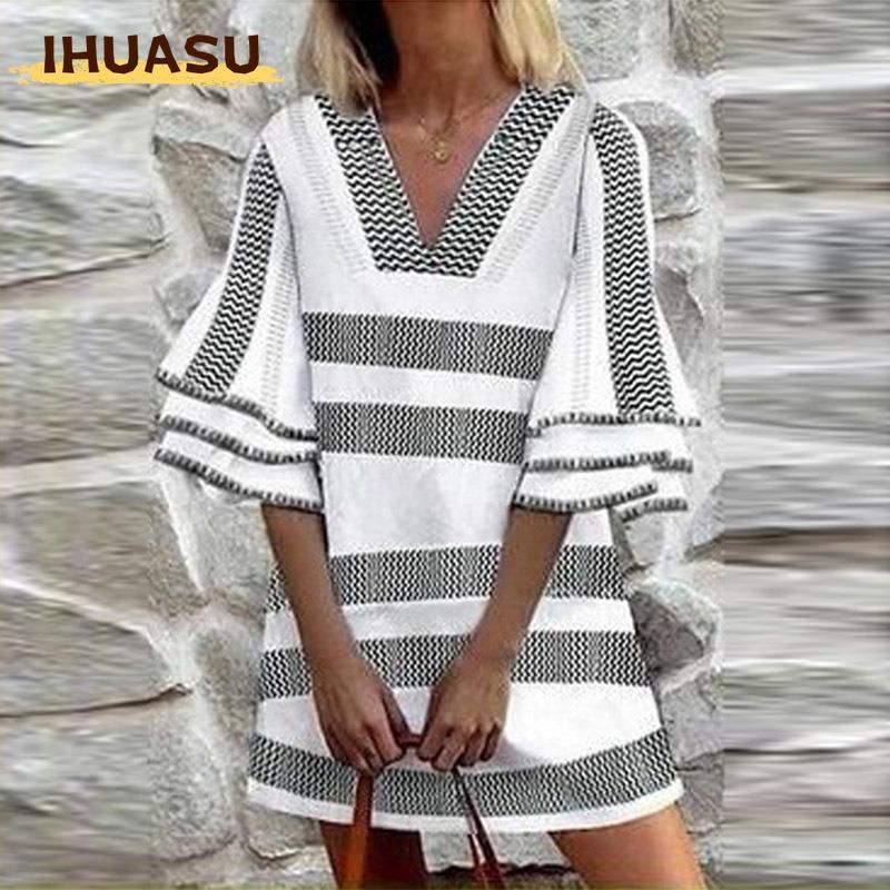 IHUASU Fashion Summer Spring 3/4 Sleeves V-Neck Casual Dresses