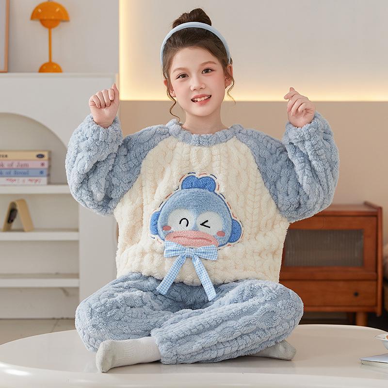 Kids Flannel Pajamas Set Boys Girls Warm Long Sleeve Top And Pants Sleepwear Winter Home Nightwear