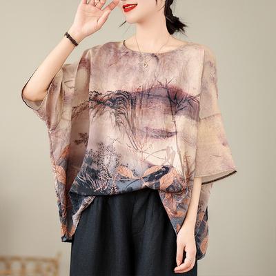 Ethnic Style Summer Cotton Linen Blouse Ethnic Style Bat Sleeve Loose Large Round Neck Comfortable T-shirt for Women