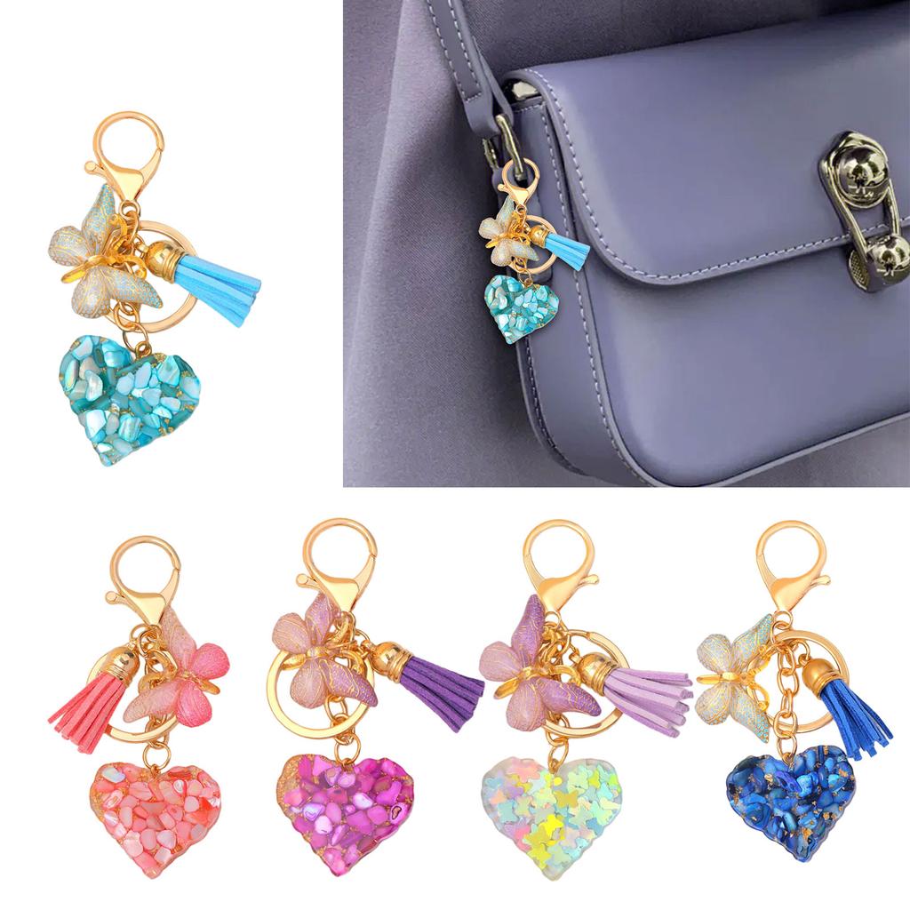 Lovely Butterfly Keychain Shiny Sequin Filled Resin Keyring Handbag Charm Car Key Chain Heart Bag Charm Decorations