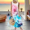 Women Plus Size Sleeveless Round Neck Maxi Dress Pink Blue Smoke Fluid Art Print Loose Long Dress