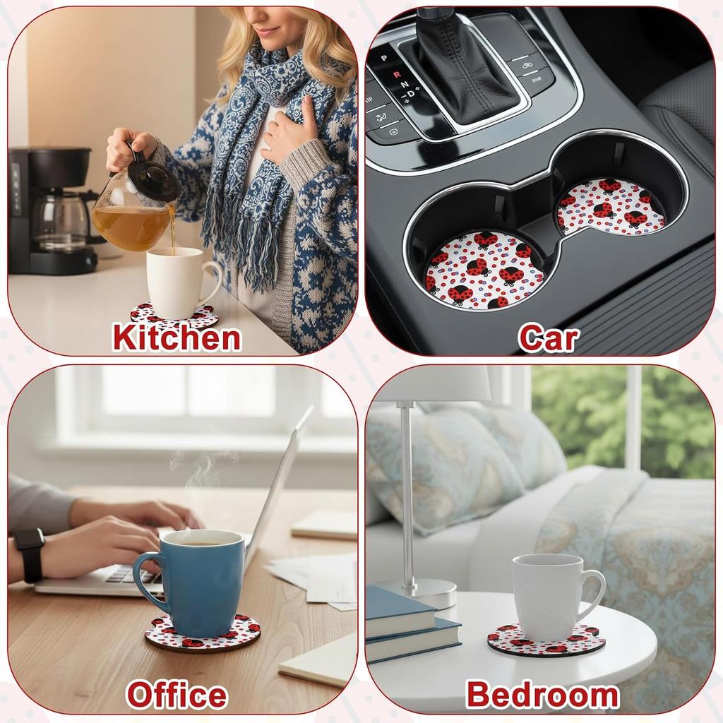 2 PCS Car Cup Holder Coaster Cute Ladybug Cup Coasters 2.75 in Universal Size Anti Slip Neoprene Rubber Automotive Cups Holder Decal Decor Interior