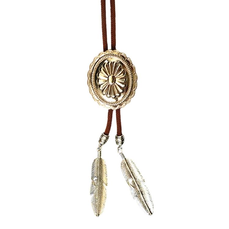 Western Cowboy Vintage Metal Flower Bolo Tie Adjustable Braided Rope Necktie Feathered Pendant Charm Jewelry Necklace