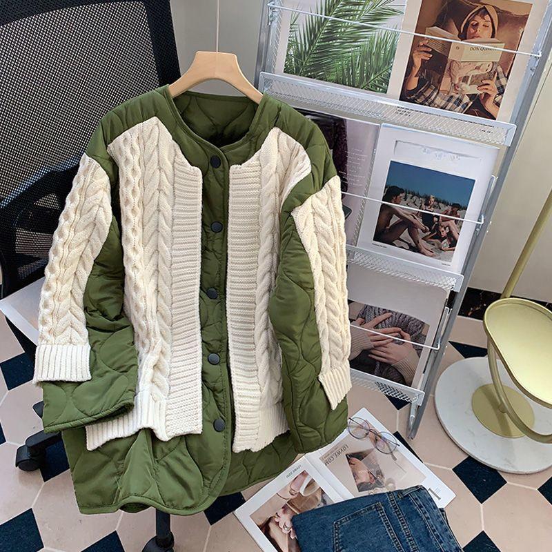 Dimanaf Maglioni Inverno 2024 Cappotto Patchwork Imbottito Bottoni Giacca Lavorata a Maglia Finto Due Pezzi Maglione Largo